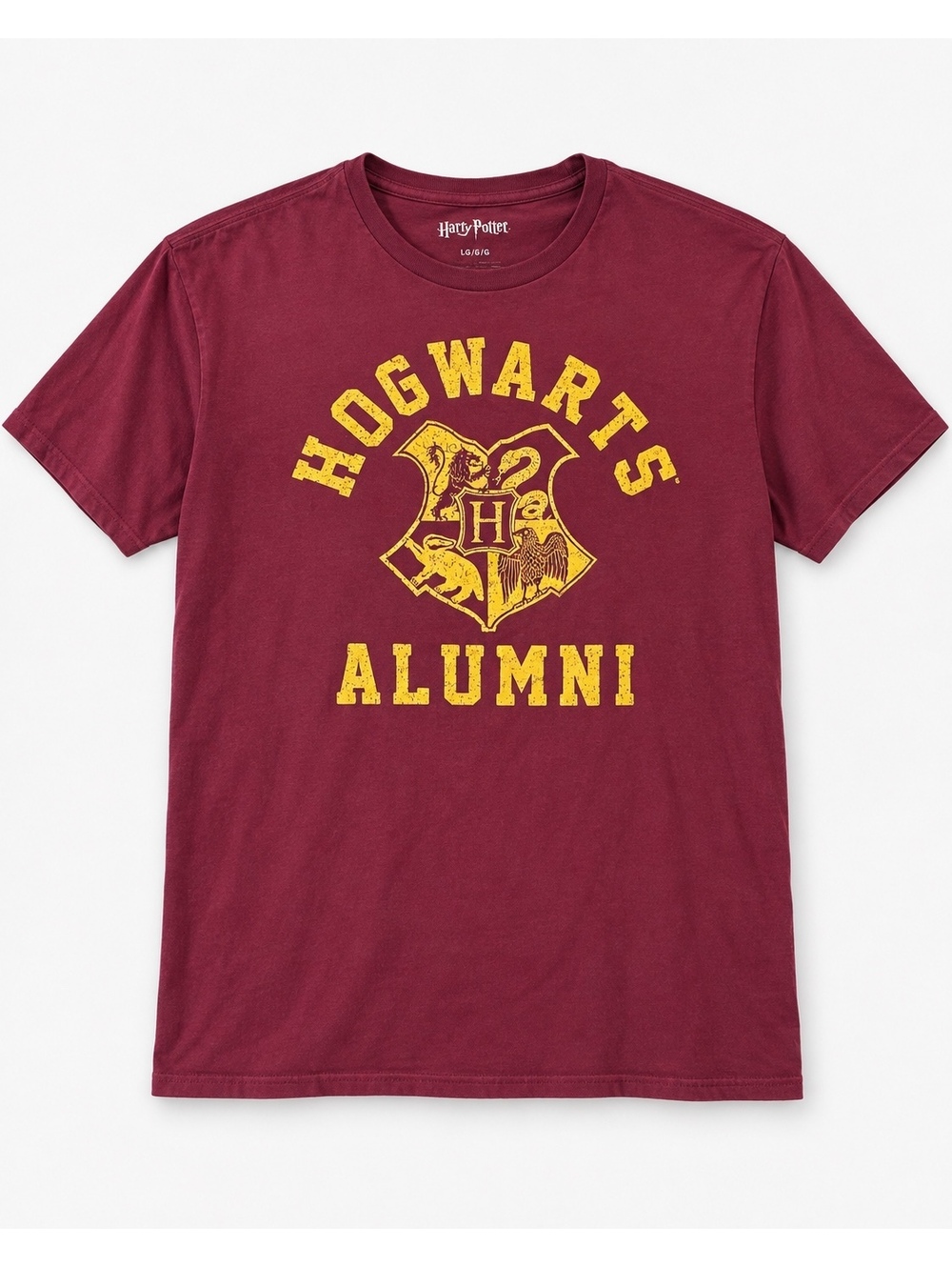 Harry Potter Hogwarts Alumni T-Shirt Large Burgundy Gold Crest Graphic Tee